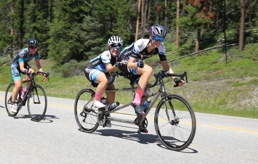 Carla Shibley (left) with her tandem bike partner